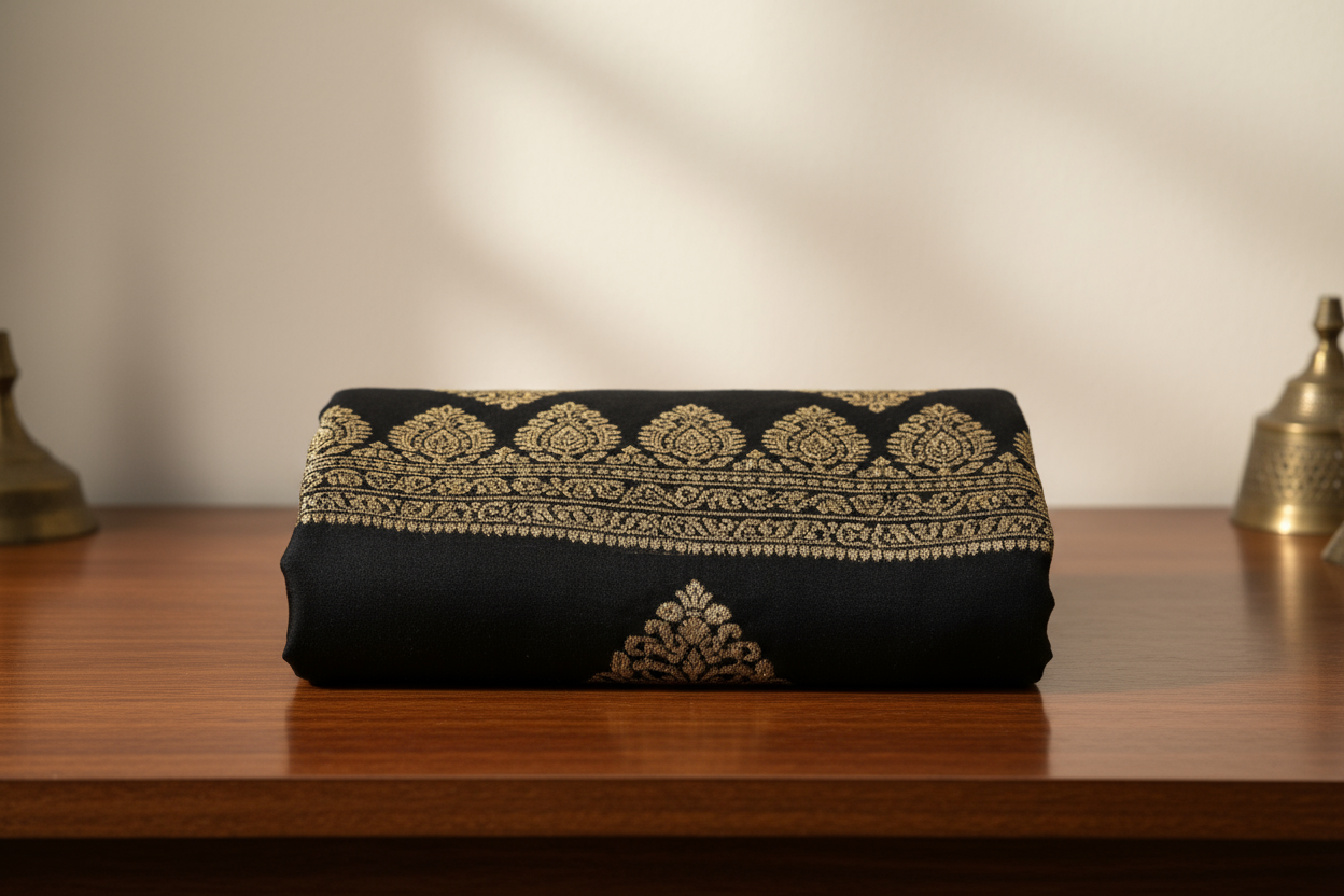 Elegant Pakistani men’s shawl folded neatly on a wooden table, soft lighting, traditional embroidery details, minimalist background, premium textile photography