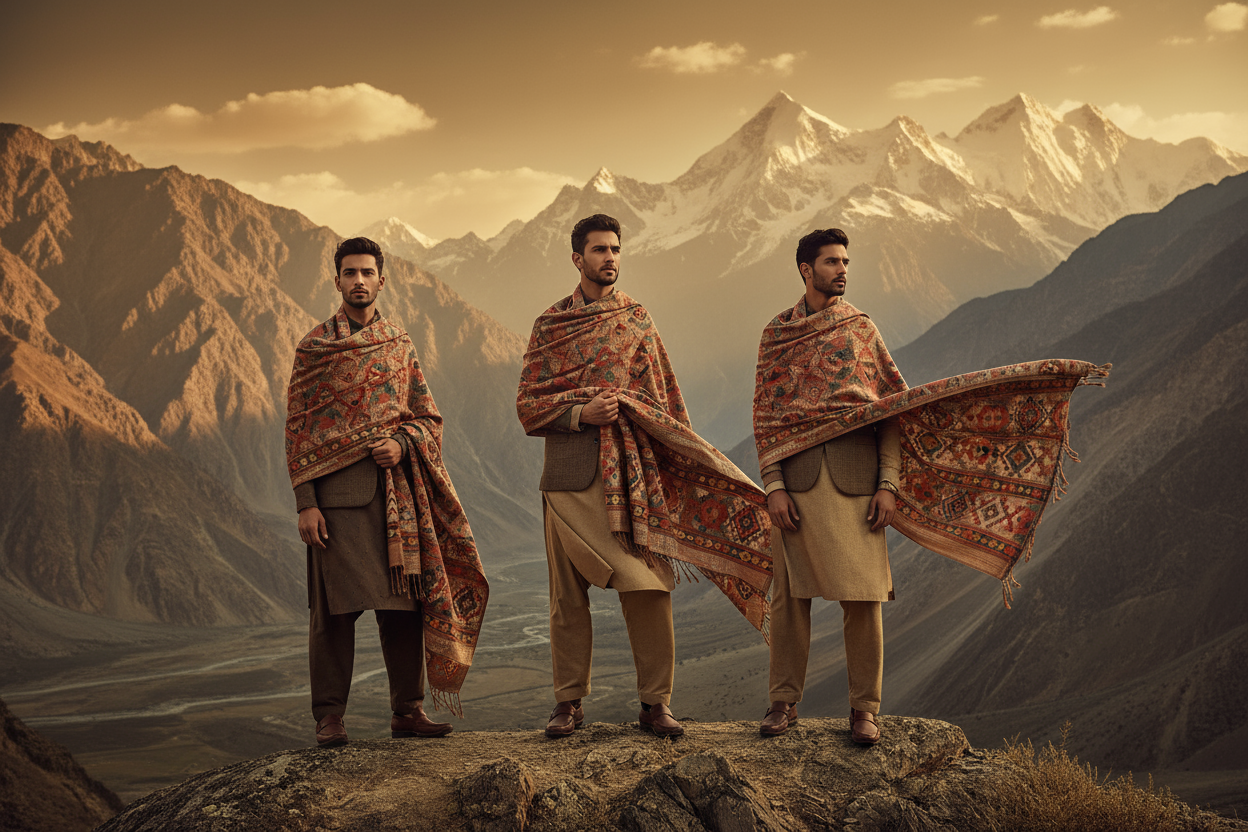 Model men wearing premium shawl in northern Pakistan mountains, soft wind motion, warm tones, cultural elegance