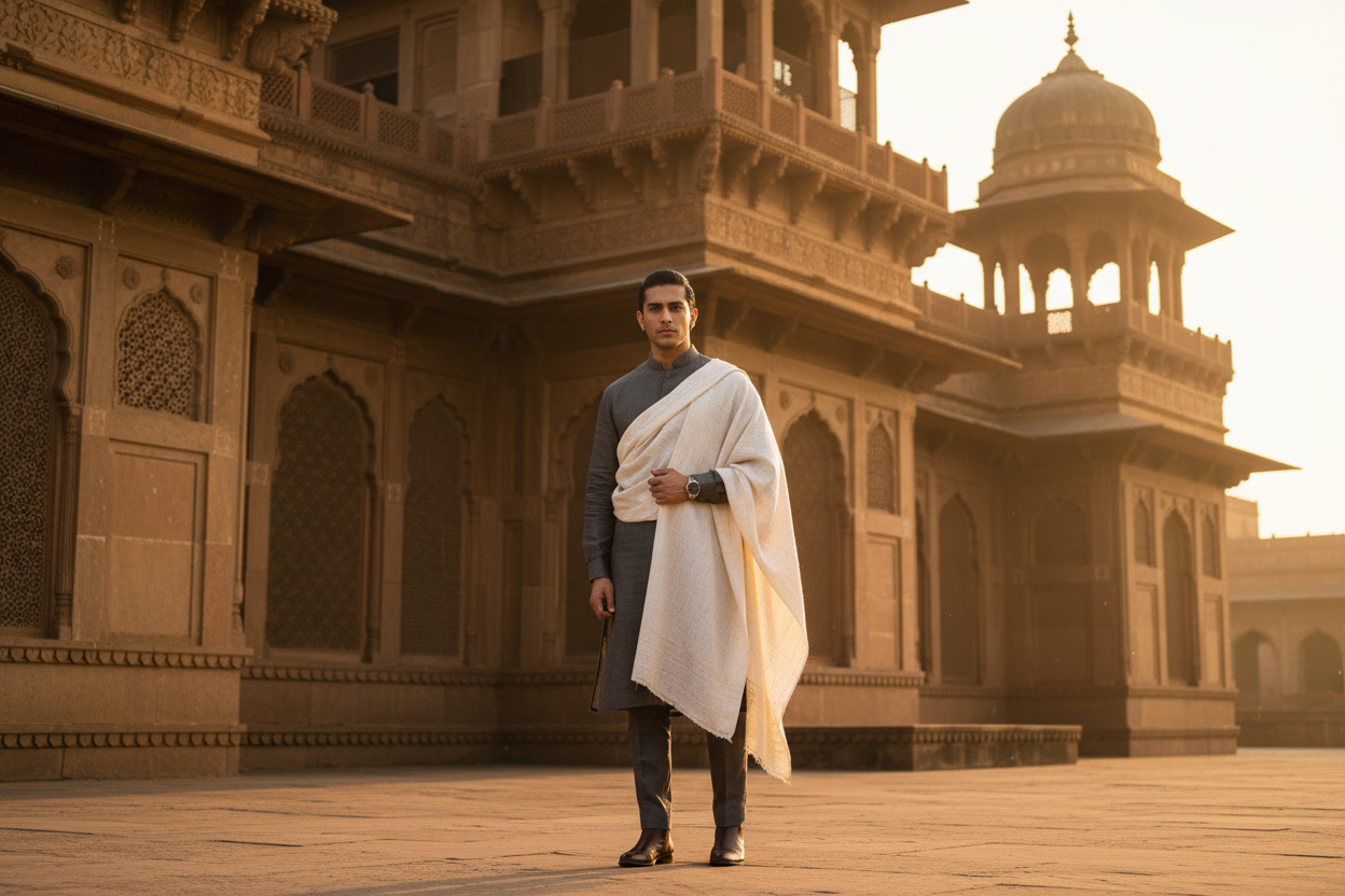 Stylish Pakistani man wearing an white wool shawl, standing near heritage architecture, golden hour lighting, traditional-meets-modern look