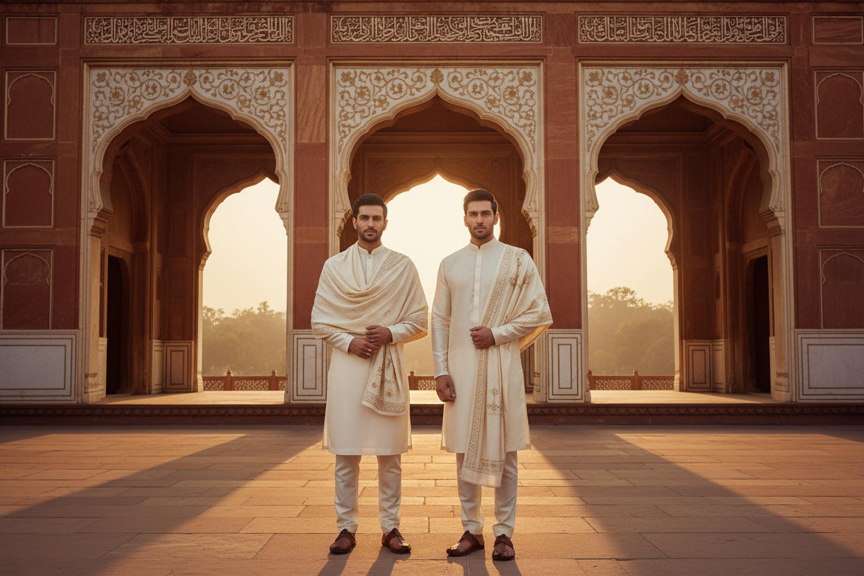 Two Stylish Pakistani man wearing an white elegant wool shawl over a kurta, standing in front of Mughal-style architecture, warm golden lighting, luxury heritage fashion look, cinematic tone, shallow depth of field, premium brand photography